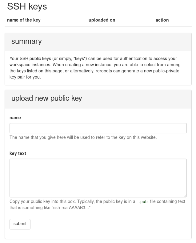 screenshot of the SSH keys page