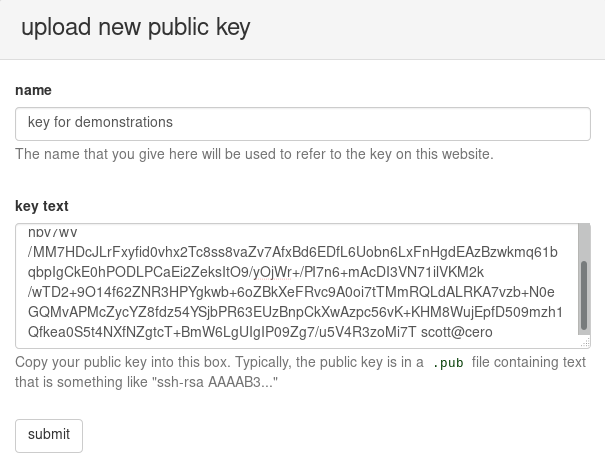 screenshot of example filled upload key form