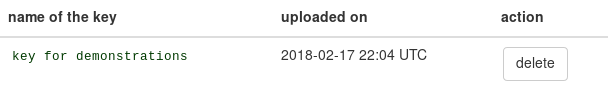 screenshot of user's table of uploaded SSH keys, showing the new one