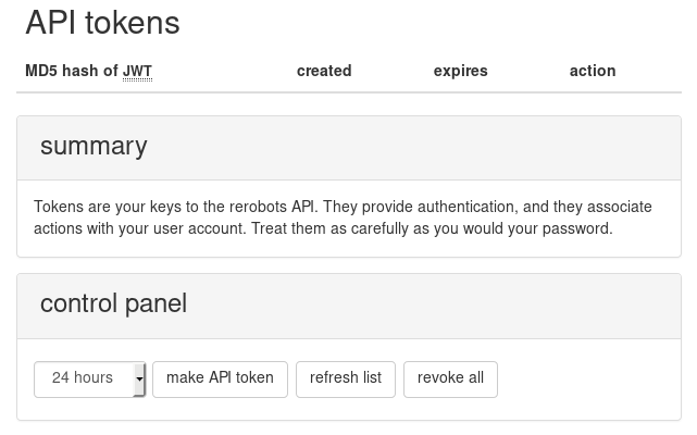 screenshot of the main section of the API tokens page